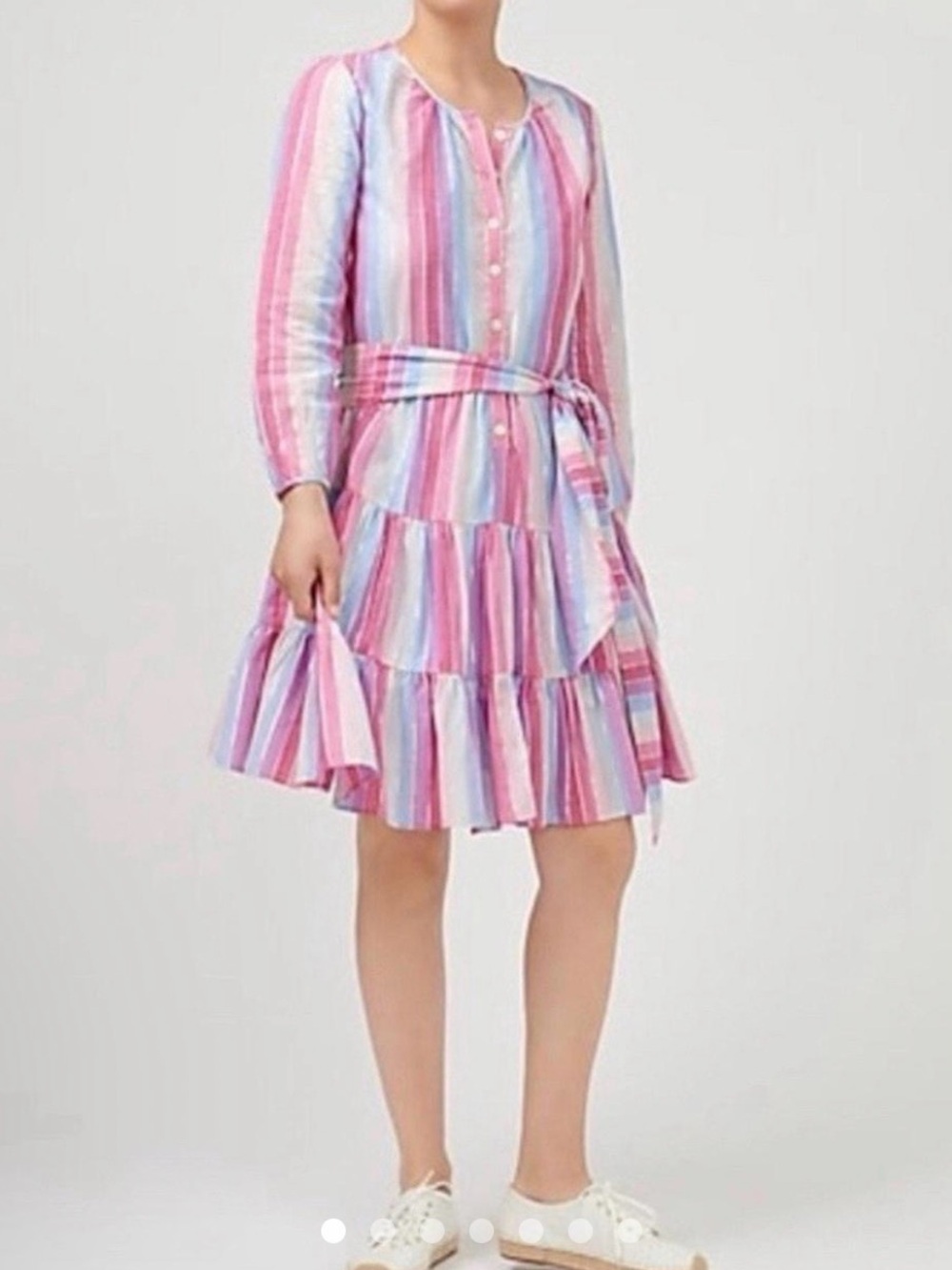 J Crew Pink Multi-Stripe Tiered Button-Front Dress with Belt